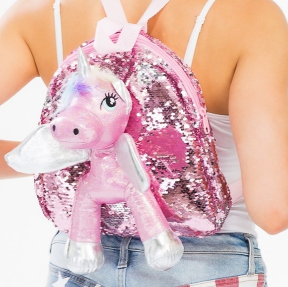 Plush Unicorn Sequin Backpack Pink - Picture 3 of 3